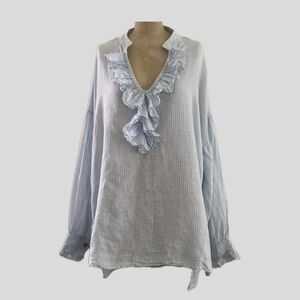 Harshman White Blue Linen Long Sleeve Striped Classic Coastal Ruffle Top 1X
